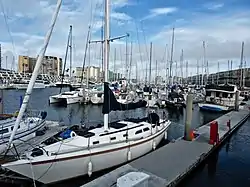 A north-to-east view from a boat slip in Marina del Rey's Basin E; Marina City Club is the left-most building, with the Ritz-Carlton Marina del Rey second from left.