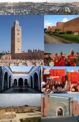 Clockwise, from top: Jemaa el-Fnaa, city walls, Musicians on Jemaa el-Fnaa, Local handicraft, Bab Agnaou, El Badi Palace, Bahia Palace, Kutubiyya Mosque.