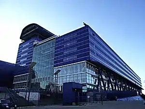 Will Alsop's Hôtel du Département des Bouches du Rhône, with blue exterior and screenprinted glass cladding by Clarke
