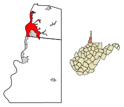 Location of Wheeling in Ohio and Marshall Counties, West Virginia