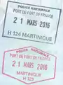Entry (top) and exit (bottom) stamps at the ferry dock in Saint-Pierre (Martinique) in a Swedish passport. As of March 2016, Saint-Pierre uses stamps from the port of Fort-de-France.