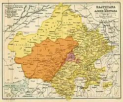 Jodhpur State (orange) within Rajputana (yellow), in the Imperial Gazetteer of India