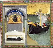 Burial of Saint Monica and Saint Augustine Departing from Africa, c. 1430, Tempera and gold on vellum, (24.7 x 27&nbsp;cm) Cambridge, Fitzwilliam Museum