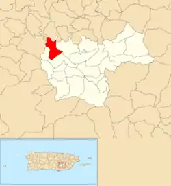 Location of Matón Arriba within the municipality of Cayey shown in red