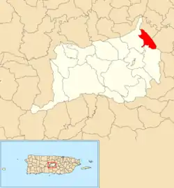 Location of Mata de Cañas within the municipality of Orocovis shown in red