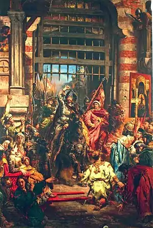 A historically inaccurate depiction of Boleslaus and Svyatopolk entering Kiev through the Golden Gate, by Jan Matejko, 1883