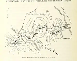 Map of the Sasanian fortifications at Derbent, by Roderich von Erckert.