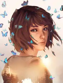 A portrait of a woman with short brown hair. Her back is turned as she looks towards the camera; surrounding her are various blue butterflies. A photo of a lighthouse and surrounding trees are overlaid on her white shirt.