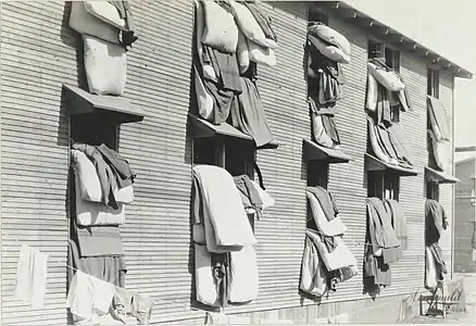 "Beds airing, Camp Funston, Kansas", in 1917 or 1918.