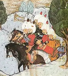 Mehterhâne, Ottoman miniature circa 1568. The musicians play two zurna, two spiral trumpets (boru), a cylinder drum davul and a pair of kettle drums (nakkare). In 1529, the “Turkish field clamor” reached Vienna for the first time.