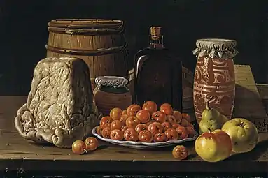 Cheese, barrel, glass bottle, fruits in decorative plate, storage jars and boxes.Still Life with Fruit and Cheese by Luis Egidio Meléndez; 1771, 41 × 62&nbsp;cm, Prado Museum.