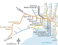 Map of the Regional Rail Link corridor through Melbourne's west, which opened in 2015.