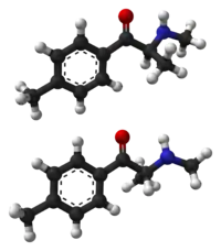 The two enantiomers of mephedrone: The potentially more potent S form is above the R form.