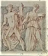 Drawing of a man fighting a centaur.