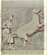 Drawing of a man fighting a centaur.