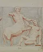 Ancient drawing of a fight between a man and a centaur.