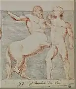 Ancient drawing of fight between a man and a centaur.