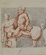 Drawing of a man fighting a centaur.