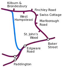 A line is shown at the bottom, from right to left, with stations at Baker Street, Edgware Road and junction before two Paddington stations. From Baker Street a line is shown going north through several stations before turning left. From Edgware Road a line in a contrasting colour is shown, going north bypassing these stations before joining the line from Baker Street just north of Kilburn & Brondesbury.