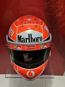 Schuberth helmet at the Museo Ferrari with the Marlboro logo which sometimes had to be removed in countries where tobacco advertising was illegal.