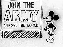 Animated frame of a bipedal mouse walking towards a billboard that reads "JOIN THE ARMY AND SEE THE WORLD"
