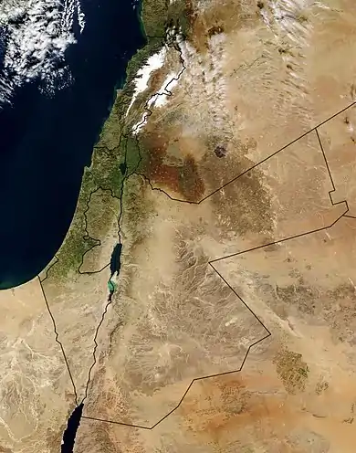 Countries pictured are (clockwise from top right) Syria, Iraq, Saudi Arabia, Egypt (across the Gulf of Aqaba), Israel, the disputed West Bank Territory, and Lebanon. In the center is Jordan.