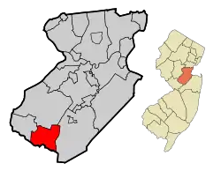 Map of Cranbury Township in Middlesex County. Inset: Location of Middlesex County highlighted in the State of New Jersey.