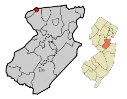 Dunellen highlighted in Middlesex County. Inset: location of Middlesex County highlighted in the State of New Jersey.