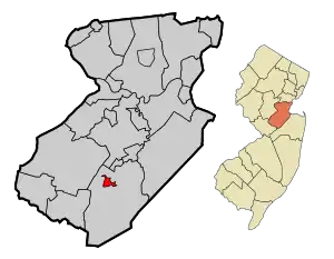 Jamesburg highlighted in Middlesex County. Inset: Location of Middlesex County in New Jersey.