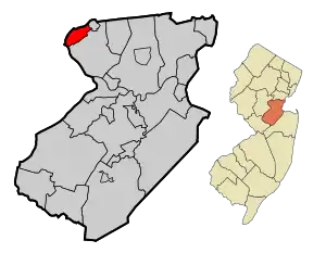 Middlesex highlighted in Middlesex County. Inset: Location of Middlesex County in New Jersey.