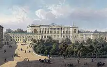 Mikhailovskaya square and the Mikhailovsky Palace in the 19th century, lithograph after a drawing by Joseph-Maria Charlemagne-Baudet.