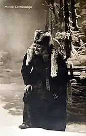 Actress Mimmi Lähteenoja&nbsp;[fi] as Louhi in the National Theatre play Pohjolan häät (The Wedding at Pohjola) on the day the theatre opened, April 9 1902