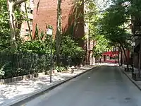 View looking north of Minetta Street which is built on the approximate riverbed of Minetta Creek; Minetta Triangle is on the left