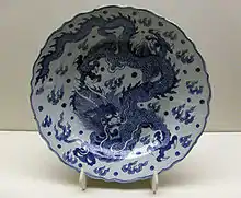 Blue-and-white porcelain plate with a dragon, Ming dynasty