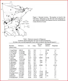 This map and table shows where Minnesota's earthquakes have occurred. Earthquakes 1, 6, 9, 11, 15 and 18 are in the Great Lakes tectonic zone.
