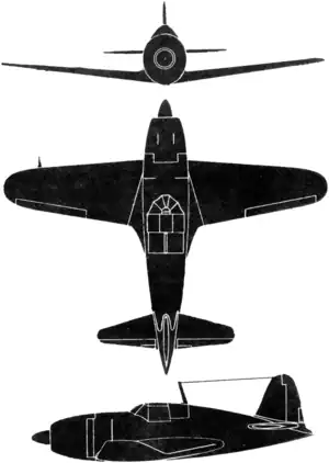 3-view silhouette of the Mitsubishi J2M