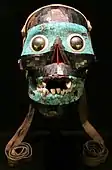 The Mask of Tezcatlipoca; 1400–1521; turquoise, pyrite, pine, lignite, human bone, deer skin, conch shell and agave; height: 19&nbsp;cm (7.5&nbsp;in), width: 13.9&nbsp;cm (5.5&nbsp;in), length: 12.2&nbsp;cm (4.8&nbsp;in); British Museum