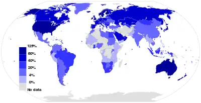 Image 5Mobile broadband Internet subscriptions in 2012as a percentage of a country's populationSource: International Telecommunication Union. (from Internet access)