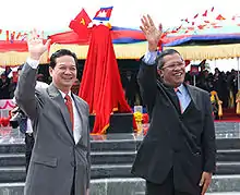 Nguyen Tan Dung, Vietnam Prime Minister, and Hun Sen, Cambodia Prime Minister, opened ceremony of boundary stone at Moc Bai-Bavet border.