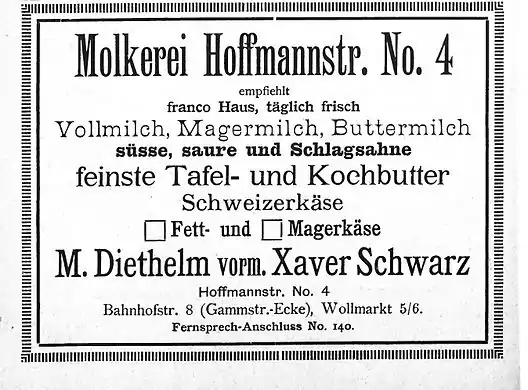 Advertising for Diethelm's dairy factory in 1898