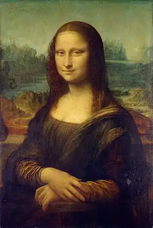 Mona Lisa, by Leonardo da Vinci, c. 1503 – 1506, perhaps continuing until circa 1517, oil on poplar panel, 77&nbsp;cm × 53&nbsp;cm, Louvre, (Paris)