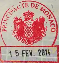 Monaco passport stamp issued on 15 February 2014