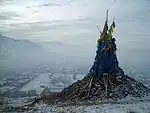An ovoo on the sacred mount above Dambadarjaalin Monastery in Ulaanbaatar.