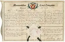 Stock certificate of the Monmoutshire Canal Navigation, issued 29 April 1799 in Stockton, with text extract from the Act of Parliament of 1792, according to which the company would have the right "for making Rail Ways or Stone Roads from such Cuts or Canals to several Iron Works and Mines in the Counties of MONMOUTH & BRECKNOCK", which was realised in 1793 with the formation of the Trevil Tramroad Company as a sub-company with a capital of £5,000. The horse-drawn railway was opened in 1797.