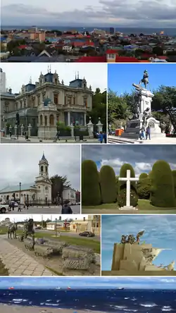 Top:Panoramic view of downtown Punta Arenas, from La Cruz Hills, Second:Sara Braun Palace (Palacio Sara Braun), Ferdinand Magallen Monument in Muñoz Gamero Square (Plaza Muñoz Gamero) Third:Punta Arenas Sacred Heart Cathedral, Cemetery of Punta Arenas, Fourth:Iselín Santos Ovejero Monument, Goleta Ancud Monument, Bottom:An overview of Strait of Magellan, from Costanera area (all item from left to right)