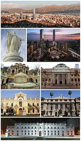 Left to right, from top to bottom.I row: Panoramic of Santiago. II row: Statue of the Immaculate Conception and Santiago's financial district. III row: Santa Lucía Hill and National Library of Chile. IV row: University of Chile and Pontifical Catholic University of Chile. V row: La Moneda Palace.