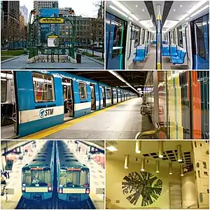 Left to right, from top: Hector Guimard's Paris Métro entrance at Square-Victoria-OACI; interior of the new MPM-10 ("Azur") trains; MR-73 train at Montmorency station; two MR-73 trains at Plamondon station; ceramic mural at Crémazie station