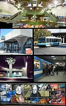 Top: Lionel-Groulx Metro station and STM logo. Prior to 2002, it was referred to as STCUM.
Second row: Honored-Beaugrand Metro station, a 1996 NovaBus LFS "167 The Casino" leaving the Montreal Biosphère and heading to the Casino de Montréal.
Third row: Georges-Vanier Metro station, Berri-UQAM Metro station.
Bottom: Montreal's first two mayors, James Viger and Peter McGill, in stained glass in the McGill Station of the Montreal Metro.