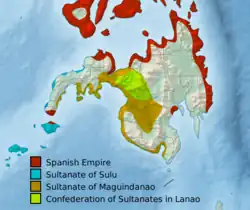 The territory of Lanao in green alongside other sultanates in Mindanao island. (Late 19th century)