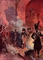 Moscow (1812). Napoleon leaves the Kremlin. painting by Maurice Orange.